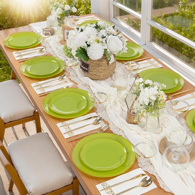 MirthMood 210pcs Green Plastic Plates,Disposable Green Gold Party Plates,Include 30 Dinner,Dessert Plate,30 Cup&30 Napkins, 90 Gold Silverware for Wedding & Party & Birthday（grape green）