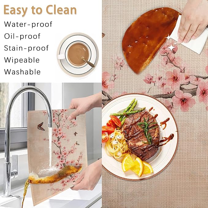 Cherry Blossom Placemats Set of 6,Butterfly Waterproof Non-Slip Washable Table Mats for Kitchen Dining Holiday Party Wedding Decor 12x18 Inch