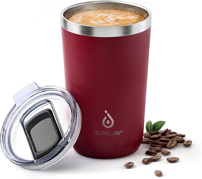 Ideus 20 oz Tumbler, Travel Coffee Mug with Splash Proof Sliding Lid, Double Wall Stainless Steel Vacuum Insulated Coffee Mug for Home and Office, Keep Beverages Hot or Cold, Blood Red