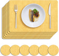 MOSAYT Faux Leather Placemats Set of 6, Heat Resistant Wipeable Washable Vinyl Place Mats with Coasters, Waterproof Oil Proof Table Mats for Kitchen Dining Party Indoor Outdoor, 12" x 17", Yellow