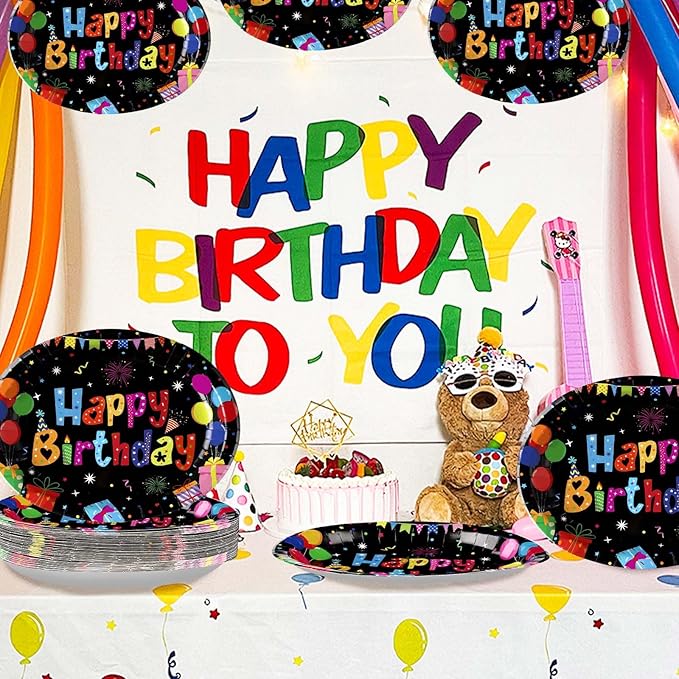 50 Pcs Happy Birthday Oval Paper Plates 10"x12" Large Colorful Black Birthday Plates Disposable Heavy Duty Birthday Theme Party Plates Happy Birthday Party Supplies for Boys Girls Birthday Party Decor