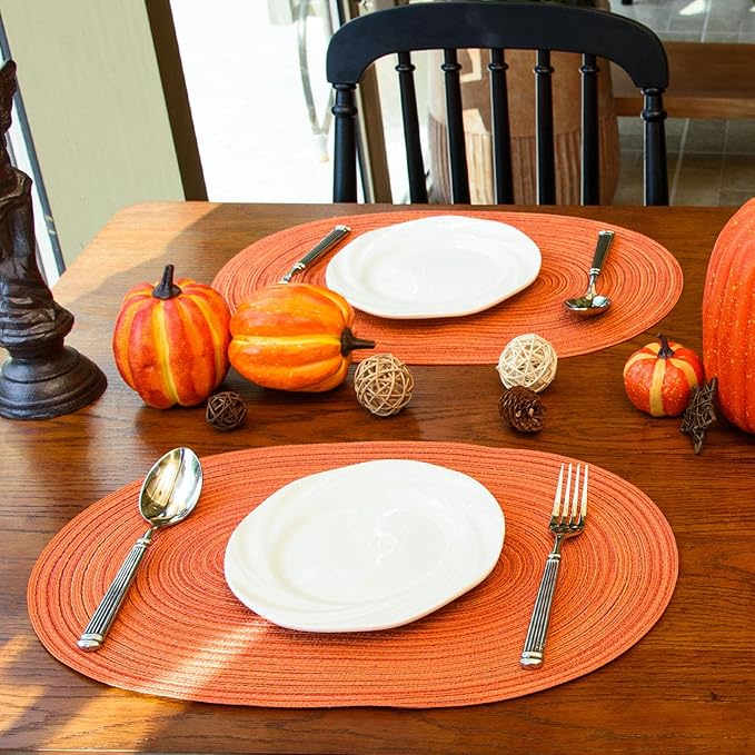 Noctiflorous Oval Braided Placemats Set of 6 Woven 12x18 Inch Non Slip Washable Heat Resistant Place Mats Tablemats for Dining Kitchen Party Daily Table Decor Dinner Mats (Fall Orange, 6)