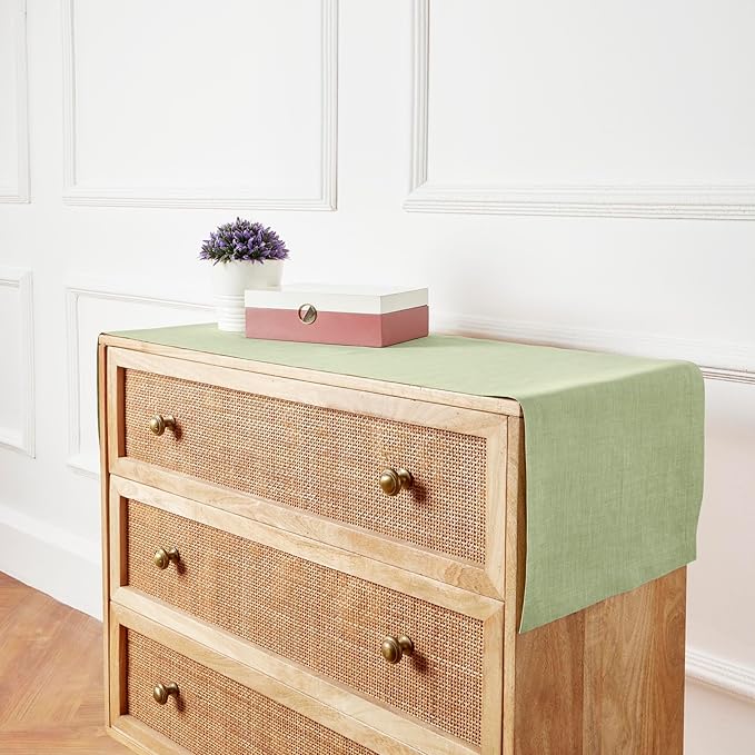 Solino Home Linen Small Table Runner 48 Inches - Athena, 100% Pure Linen Chambray Olive Table Runner 14 x 48 Inch Ideal for Dresser and Coffee Tables - Spring, St Patricks Day