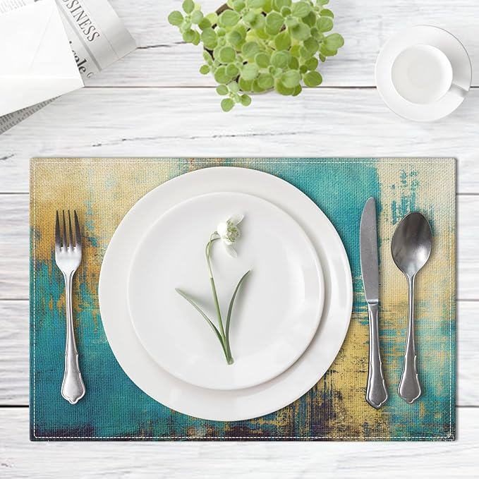 Emvency Farmhouse Placemats Set of 4, Abstract Turquoise and Yellow Vintage Art Painting 12x18 Inch Table Mats for Outdoor Home Party Kitchen Dining Decoration