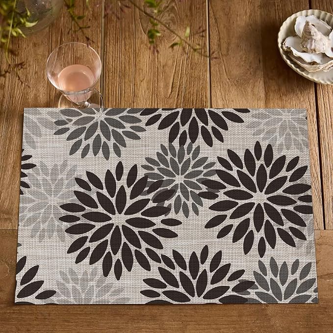 Artoid Mode Floral Vinyl Placemats Set of 6, Heat Resistant Washable Non-Slip Plistic PVC Place Mats for Party Kitchen Dining Decor, Black