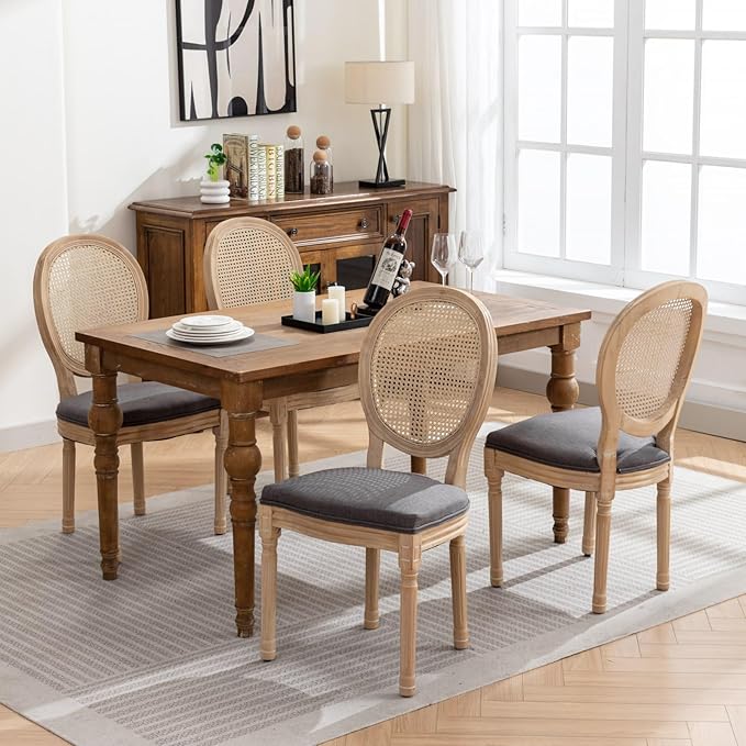 Vintage French Rattan Dining Chairs Set of 2, Solid Wood Frame with Round Rattan Back and Linen Upholstered Seat, Farmhouse Accent Sillas de Comedor Side Chairs for Dining Room & Kitchen, Gray