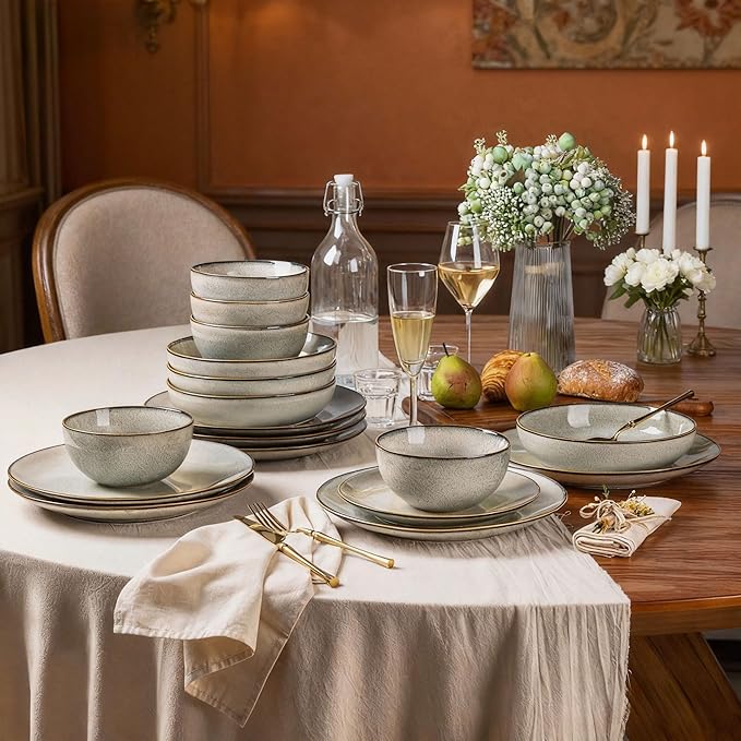 GBHOME Ceramic Dinnerware Sets for 6, 18 Pieces Stoneware Plates and Bowls Sets, Reactive Glaze Dish Set-Scratch Resistant, Dishwasher&Microwave Safe