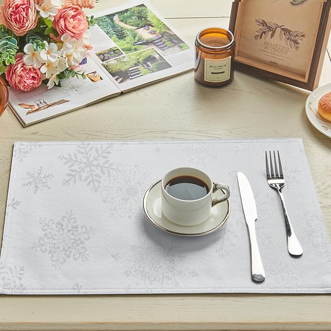 Cloth Place Mats Set of 8–Reusable Rectangular Waterproof Fabric Polyester Washable Wipeable Heat Resistant Jacquard Sparkling Metallic Snowflake for Kitchen Table(White Silver/13x19 Inch)
