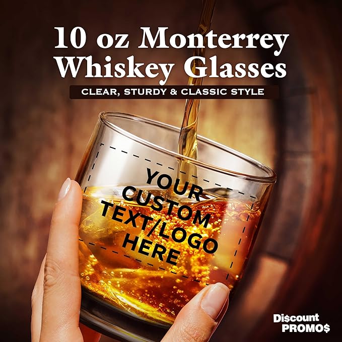 DISCOUNT PROMOS Custom Whiskey Glasses 10 oz Set of 10/50/100, Personalized Bulk Pack - Heavy Base Old Fashioned Glass, Perfect for Scotch, Bourbon, Whiskey, Cocktail - Black Bottom Color