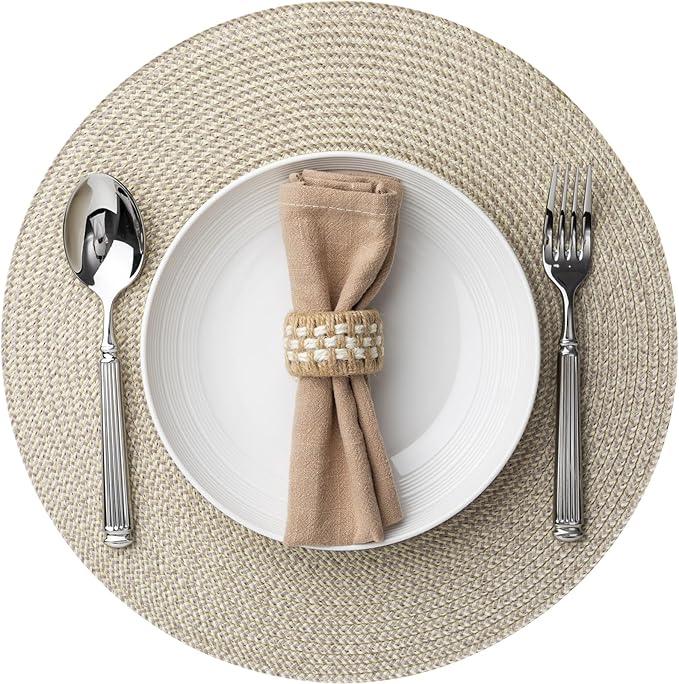 Round Placemats Set of 4 Plastic Woven Placemats Washable Wipeable Table Mats for Dining Table Heat Resistant Non-Slip Circle Place Mats (Beige-Brown)