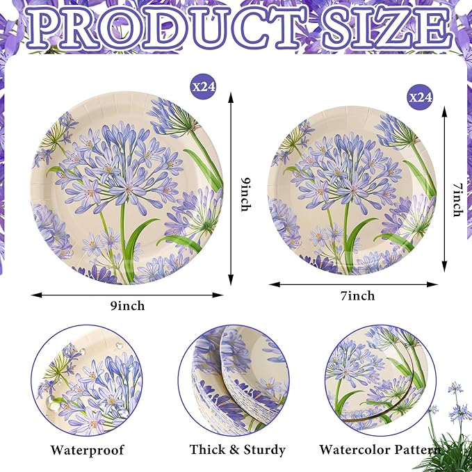 48 Pcs Agapanthus Garden Paper Plates Set Include 9" 7" Spring Watercolor Disposable Plates Summer Decorative Dinner Flower Birthday Party Tableware for Baby Shower Party Supplies