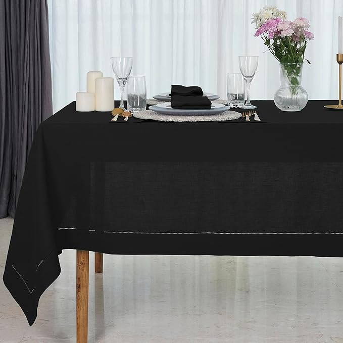 D'Moksha Homes Black Linen Tablecloth 60 x 120 Inch - 100% Pure Linen Hemstitch Tablecloth for Rectangle Tables - Classic Hemstitch, Machine Washable Table Cloth for Spring, Easter