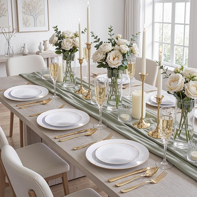 KIRE 100PCS Disposable Plates - White with Gold Rim for Christmas Party/Wedding - Includes 50Pieces 10.25inch Dinner and 50Pieces 7.5inch Dessert/Salad Plates