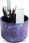 Round Leather Art Supply Organizer,Remote Control Holder,360 Degree Spinning,Multi-Functional Pencil Holder,4 Compartments Desktop Stationary Organizer(1-Rich Flower Purple)