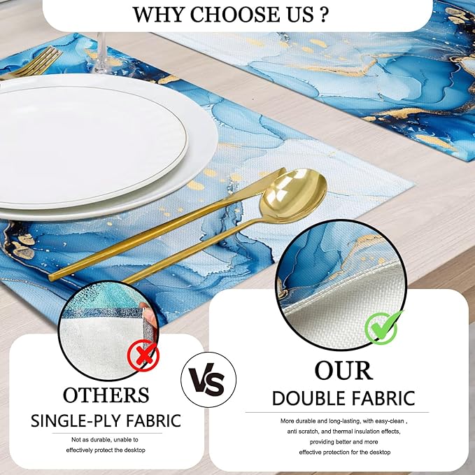 Mcalk Blue Marble Table Runner and Placemats Set of 6, Marble Print Placemats, Modern Cloth Place Mats Indoor for Kitchen,Washable Linen Material for Dining Table