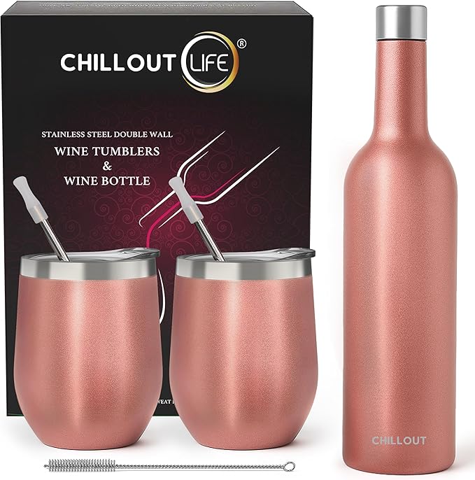 CHILLOUT LIFE 12 oz Stainless Steel Wine Tumblers 2 Pack & 1 Insulated Wine Bottle - Double Wall Vacuum Insulated Wine Glasses Cups with Lids and Straws Set Keeping Cold & Hot Gift Set - Rose Gold