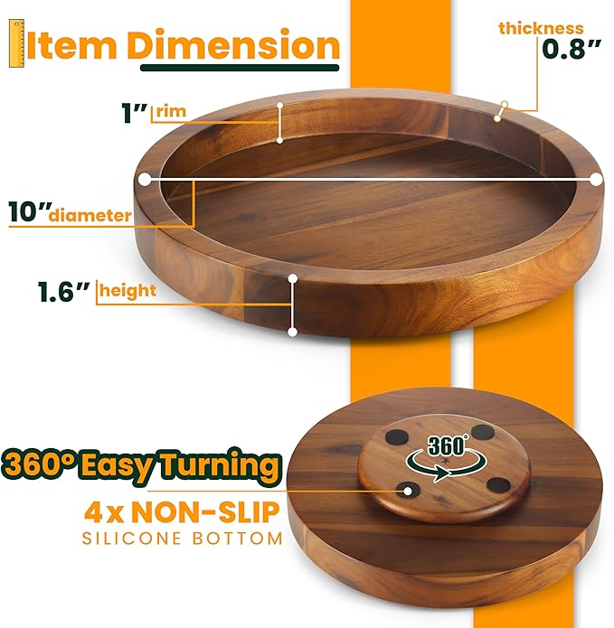 10" Acacia Wood Lazy Susan Organizer for Cabinet - Round Lazy Susans Turntable for Countertop - Wooden Kitchen Rotating Storage Food Bin Container for Centerpiece Table, Spices, Pantry
