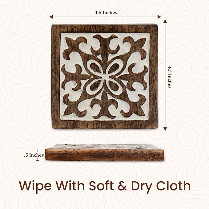 DEVLA Decorative 4 inch Wooden Coaster Set, Hand Carved with White Antique Design, 5 Coasters with Holder, Brown and White Antique