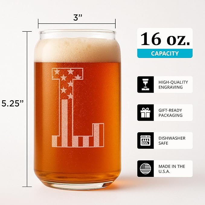 Monogram Beer Glasses for Men (A-Z) 16 oz - Beer Gifts for Men Brother Son Dad Neighbor - Unique Gifts for Him - Personalized Drinking Gift Beer Glass Mugs - Engraved Beer Can Glass (L)
