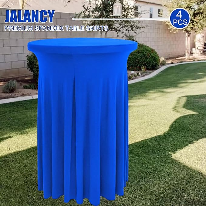 4 Packs 32 x 43 Inch Spandex Round Cocktail Table Skirts Spandex Cocktail Table Covers with Wavy Drapes Stretch Cocktail Tablecloth Fitted High Top Tables for Wedding Bar Party Banquet (Royal Blue)