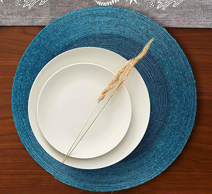 Lightnpro Glitz Beaded Charger Placemat - Turquoise Blue Placemat Set of 4, Handmade Round Table Mats - Christmas Xmas Dining Harvest Fall Holiday Celebration Festive Party Table Décor - 13 inch