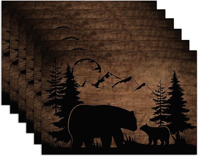 Christmas Bear Lodge Placemats Set of 6,Washable Heat Resistant 12×18 Inch Table Mats Farmhouse Place Mats for Outdoor & Camping Lodge Cabin Decor