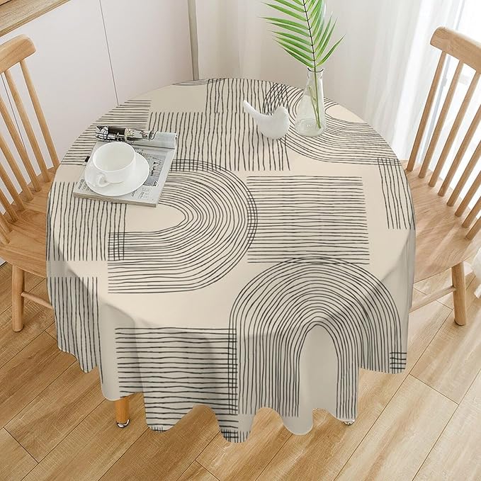 Boho Round Tablecloth, Mid Century Minimalist Abstract Aesthetic Modern Tablecloth for Home Party Dining Room Kitchen Decor 60Inch(152cm)