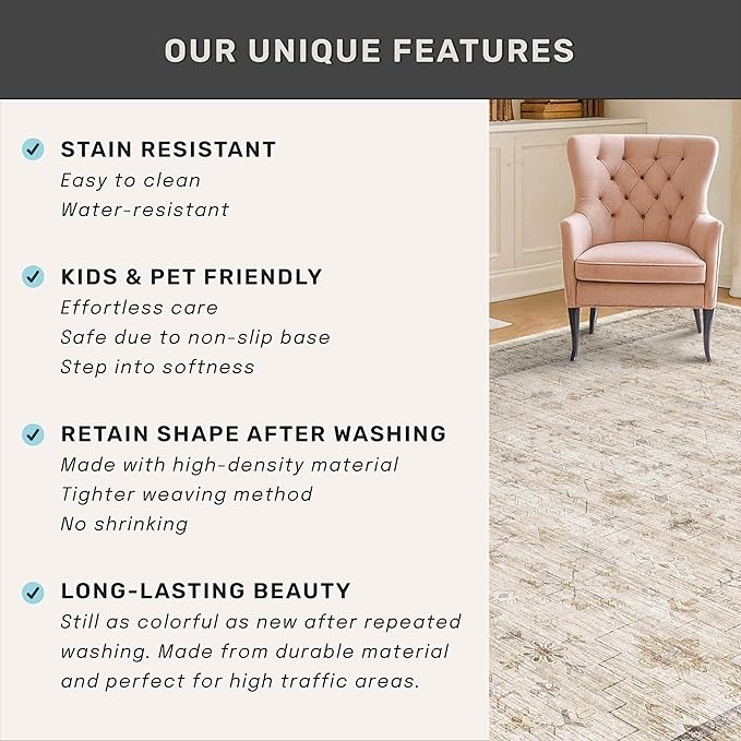 Washable Cream Rug 4x6 for Office, Bedroom, Non Slip Rugs for Kitchen, Mudroom, Low Pile Neutral Farmhouse Retro Small Living Room Carpet