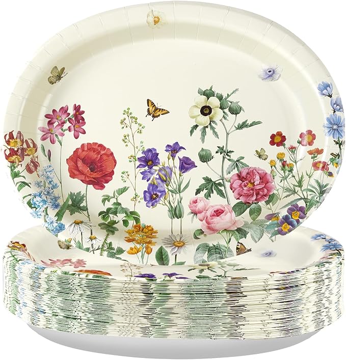 50Pcs Wild Flower Oval Paper Plates 10" x 12" Large Heavy Duty Disposable Fall Vintage Wildflower Platters Autumn Watercolor Floral Dessert Plates for Thanksgiving Dinner Birthday BBQ Party Supplies