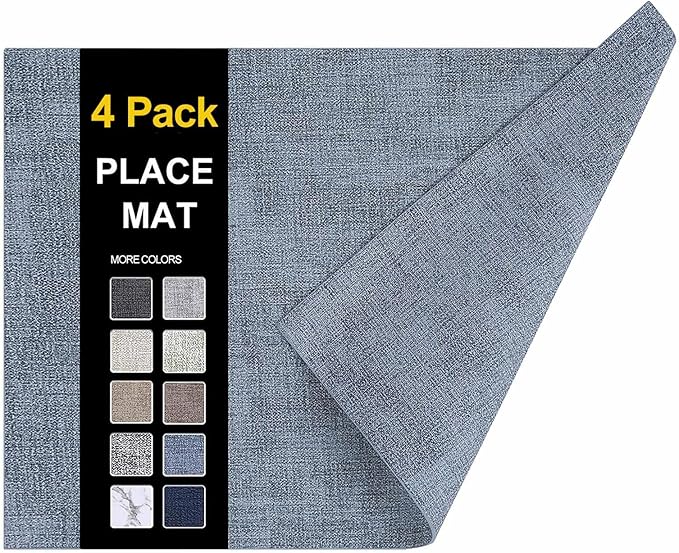 homing Faux Leather Heat Resistant Placemats 4 Packs, Waterproof Wipeable Dining PU Place Mats for Indoor & Outdoor, Easy to Clean, Denim Blue