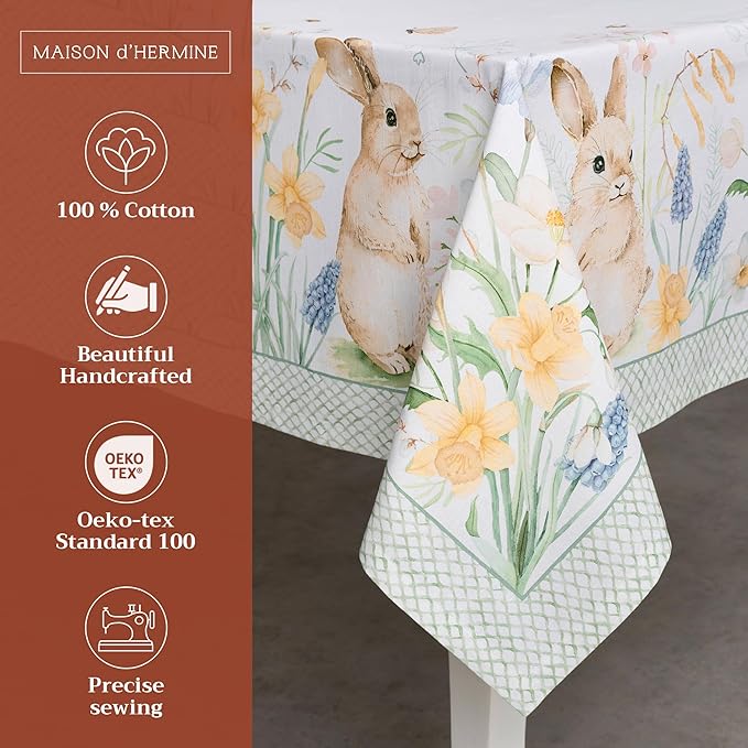 Maison d' Hermine Table Cloth Rectangle Table 100% Cotton 70 x 108 Inches Tablecloth Reusable Decorative for Dining Room Farmhouse Home Valentines Day Decorations Spring Summer - Easter Dew