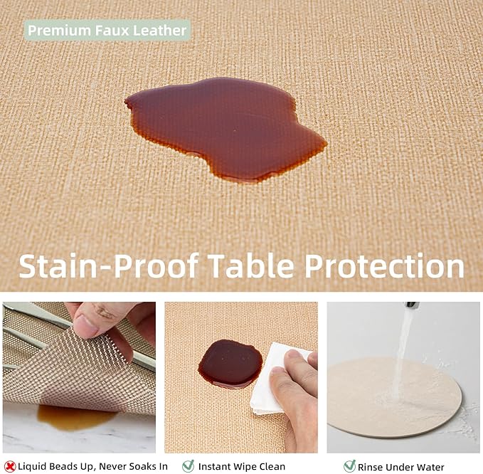 Round Wipeable Placemats Set of 4 – Faux Leather Round Table Mats, Waterproof & Washable Vinyl Placemats, Circle Design for Dining Table Decor– Warm Tan