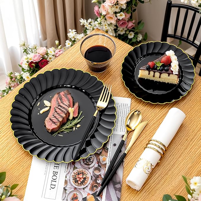 Ciaell 175 PCS Black Scalloped Plastic Plates with Gold Trim - Black Plastic Silverware with Handle - Fancy High-End Dinnerware Sets for Wedding & Party