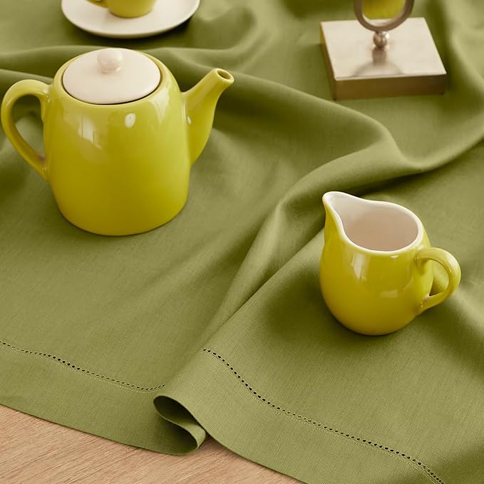 Solino Home Avocado Green Linen Tablecloth 52 x 52 Inch - 100% Pure Linen Square Table Throw - Classic Hemstitch, Machine Washable Table Cloth for Spring, Easter, St Patricks Day