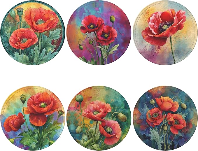 Red Flowers Coasters Leather Round Drink Coasters 6 Pcs Set with Holderor for Cup Drink Coffee Table Bar Home Decor