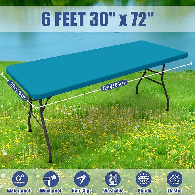 Spandex 6 Foot Rectangle Table Cloth 2 Pack, Elastic Fitted Tablecloths for Picnic, Stretch Washable Patio Table Cover for Outdoor, Camping, Banquet and Parties (Teal, 30"x72")