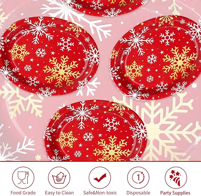 50Pcs Christmas Snowflake Oval Paper Plates 10" x 12" Large Red Gold and White Snowflake Plates Disposable Heavy Duty Christmas Party Decorations for Xmas Winter Holiday New Year Dinner Party Supplies