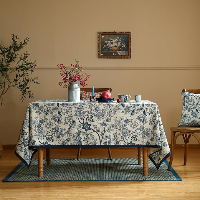 ISAENNE Designer French Linen Long Rectangle Tablecloth,Blue Floral Washable Indoor Table Cloth,Durable Home Decor Tablecloths for Dining Thanksgiving Kitchen Party Christmas,63"*94"-Ruyi B