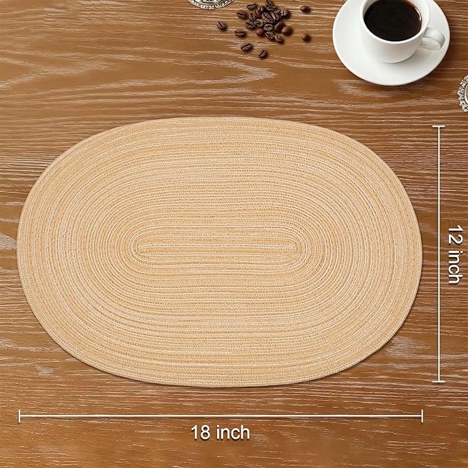 Noctiflorous Oval Braided Placemats Set of 4 Woven 12x18 Inch Non Slip Washable Heat Resistant Place Mats Round Tablemats for Dining Kitchen Party Daily Table Decor Dinner Mats (Beige Brown, 4)