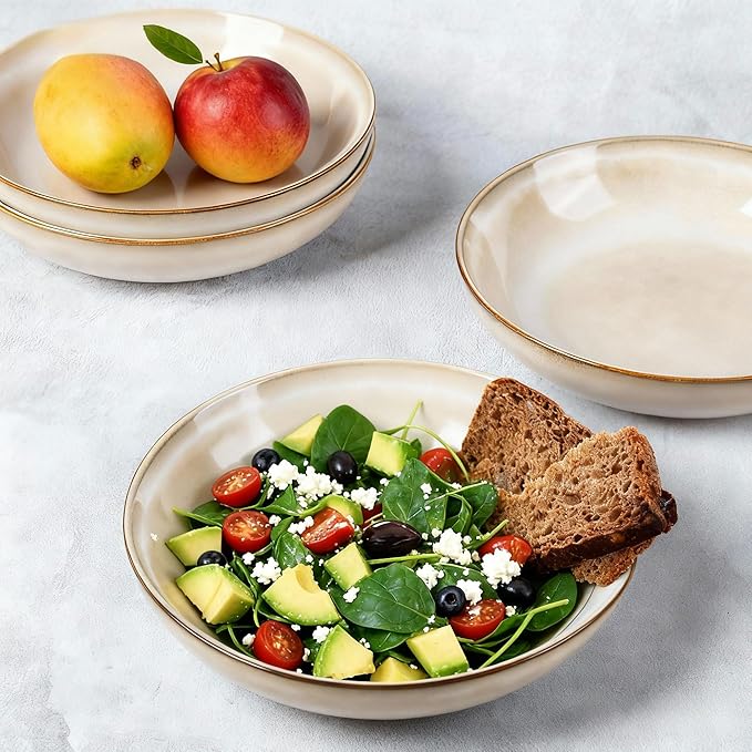 AmorArc 8.5'' Large Pasta Bowls, 36oz Ceramic Salad Serving Bowls Set of 4 for Kitchen, Wide Stoneware Bowls for Pasta,Salad,Fruit,Bread, Microwave Safe, Cappuccino