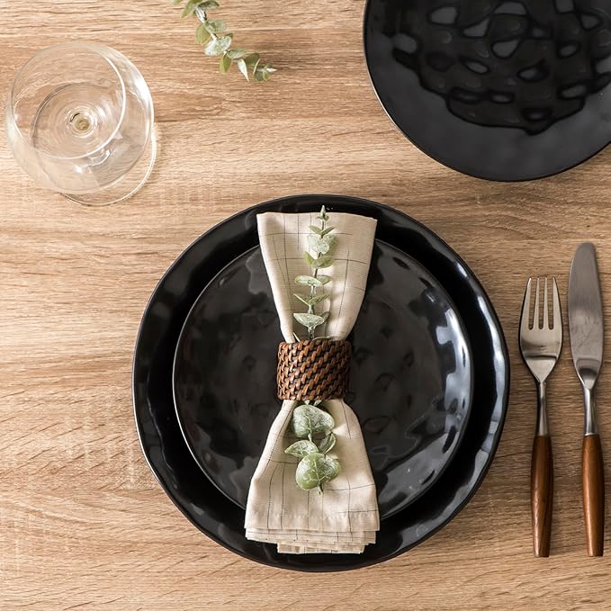vicrays Ceramic Dinner Plates Set, 10 Inch, Microwave, Oven, Dishwasher Safe, Round, Porcelain Fluted Suitable for Steak, Pasta, Pizza, Home, Restaurant - Set of 6 Black