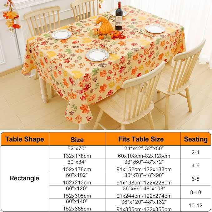 Smiry Fall Rectangle Table Cloth, Waterproof Vinyl Tablecloth with Flannel Backing, Wipeable Autumn Leaves Plastic Tablecloths for Harvest and Thanksgiving Parties, (60"x120", Rust & Yellow)