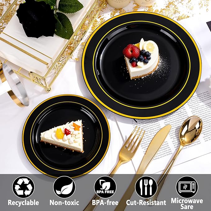 GATHER 700PCS Black Plastic Plates - Gold Disposable Plastic Dinnerware Set Include 200 6.3inch/9inch Black Plates, 300 Silverware, 100 Napkins, 100 Cups for Party & Wedding & Birthday