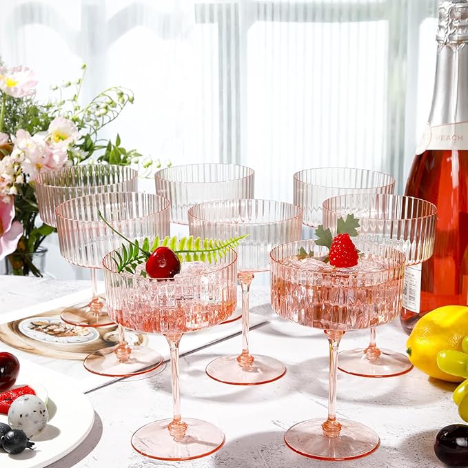 24 Pcs Ribbed Martini Glasses 10 oz Disposable Plastic Vintage Ribbed Coupe Glasses Unbreakable Dessert Parfait Glassware for Wedding Birthday Party Supplies (Champagne Powder)