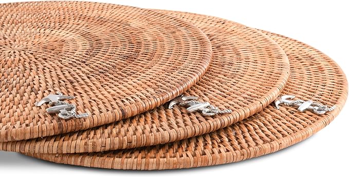 Vagabond House Large Woven Rattan Placemats Set of 4, Durable Wicker Placemats with Pewter Anchor Accent, Quality Rattan Chargers, Ideal for Coastal Beach Home