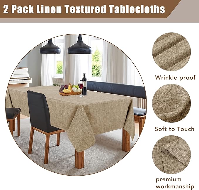 Fitable Faux Linen Tablecloths 2 Pack, Faux Burlap Fabric Table Clothes for Rectangle Tables, Rustic Holiday Table Covers for Kitchen Dining, Party, Farmhouse (Khaki, 54 x 78 Inch)