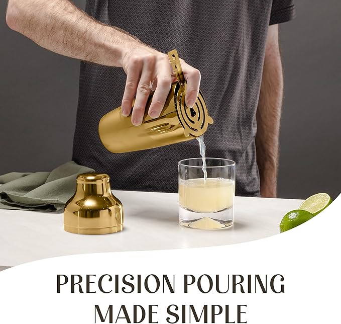 Mixology & Craft Cocktail Shaker Set: 10-Piece Bartender Kit with Stand | Complete at Home Bar Set with Bar Accessories | Great Housewarming Gift | Leak-Proof Design (Gold)
