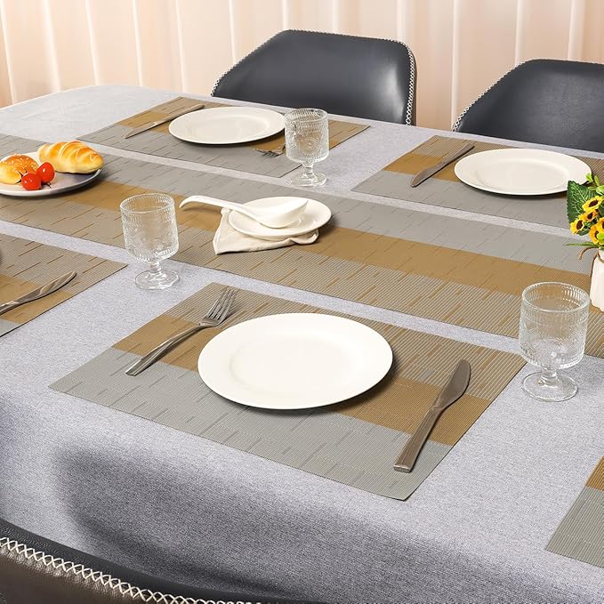 Placemats Set of 8, Vinyl Woven Place Mats Indoor Set of 8 Washable Wipeable PVC Table Mats Heat-Resistant Non Slip Placemat for Kitchen Dining Outdoor Table (Gray Light Brown, Set of 8)
