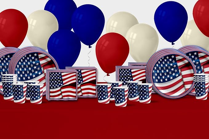 Fourth of July Paper Plates - 4th of July Disposable Plate Sets - American Flag Patriotic Party Supplies Set Plates Napkins Cups Tableware Kit for 16