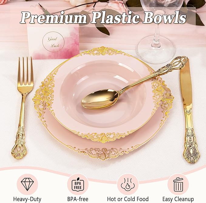 100PCS Pink Plastic Bowls - 12 oz Pink Gold Disposable Salad Bowls - Heavy Duty Disposable Soup Bowl - Fancy Plastic Ice Cream Bowl for Weddings Valentine's Day Parties Dinners Picnics